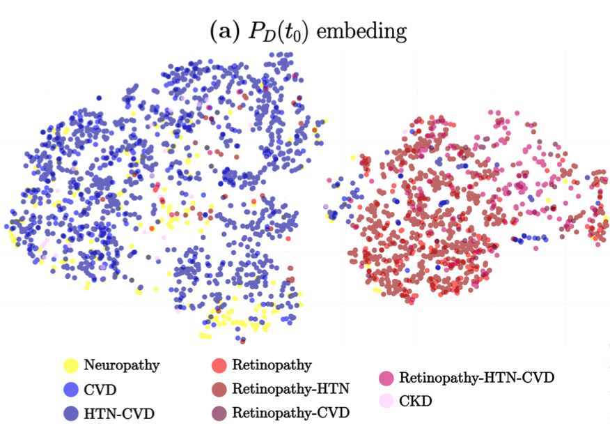 Visual inspection of the output space of DARE: each point represents embeddings for 5000 random patients, with colors indicating their comorbidities.