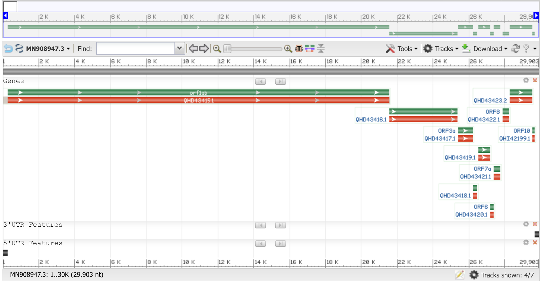 SARS-CoV-2 isolate Wuhan-Hu-1, complete genome (GenBank MN908947.3).