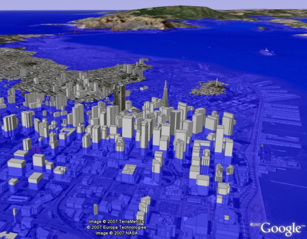 Google Earth projection of downtown San Francisco partially submerged under a raised sea level, used as a signal-versus-noise metaphor for high-throughput testing