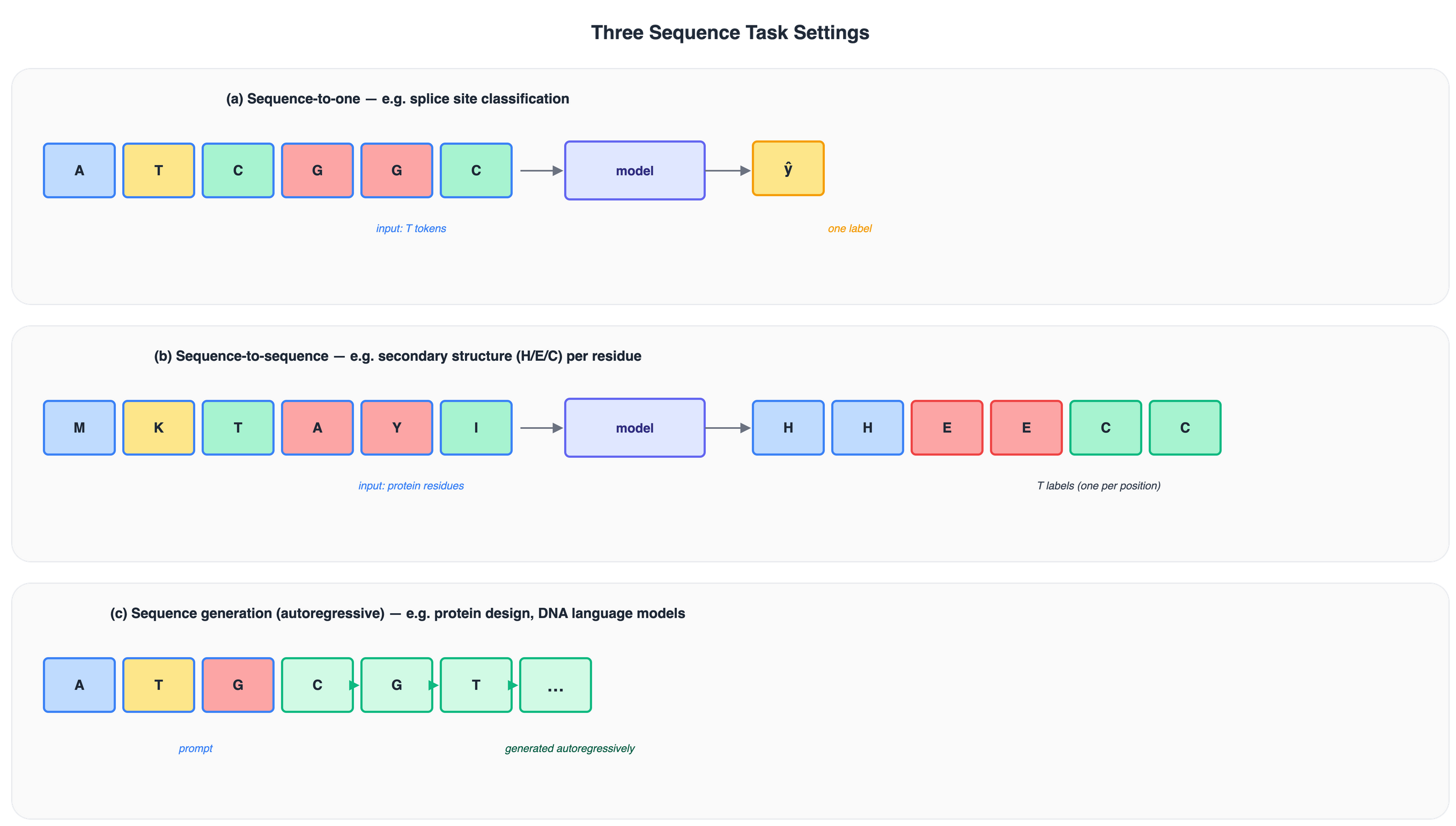 Three sequence task settings: sequence-to-one, sequence-to-sequence, autoregressive generation